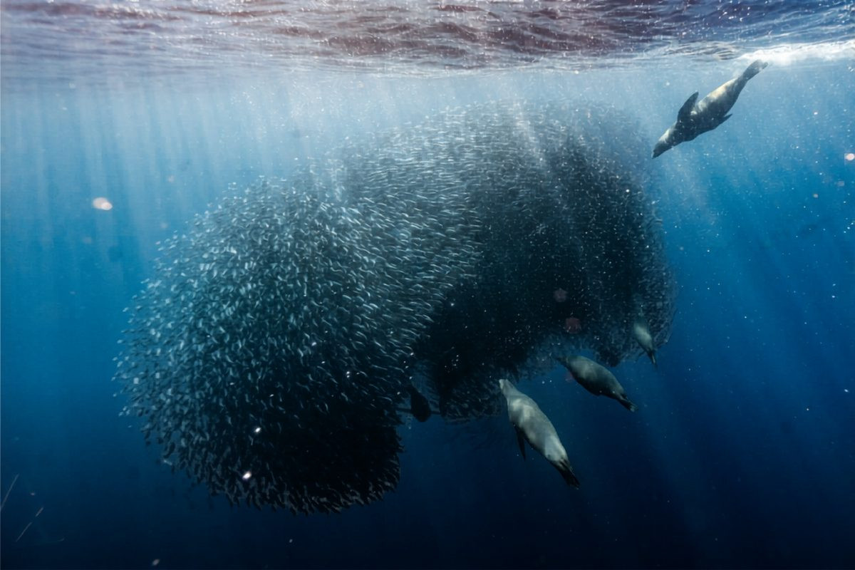 Sea lions hunting a bait ball of sardines below the surface